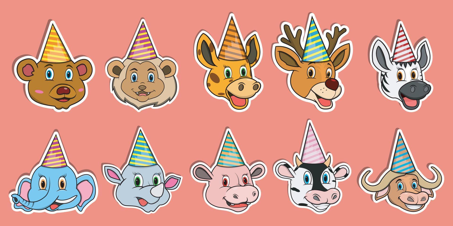 Head Animal Sticker Set. For Logo, Sticker and Birthday Pary Theme. vector