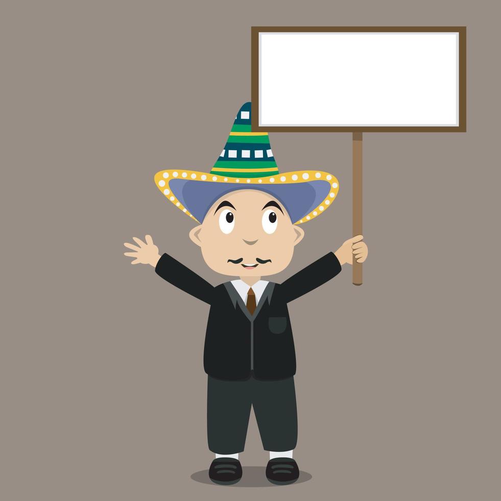 niño de méxico con banner en blanco y fondo de color marrón. vector