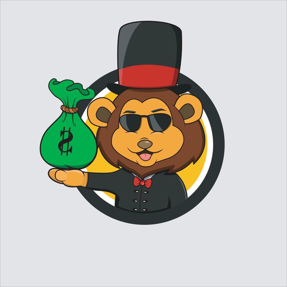 Rich Cartoon Lion Head Circle Label With Bring Money vector