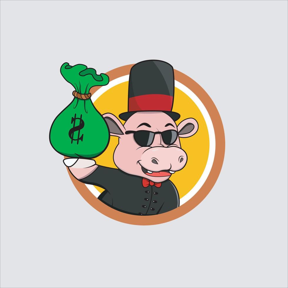 Rich Cartoon Hippopotamus  Head Circle Label With Bring Money vector