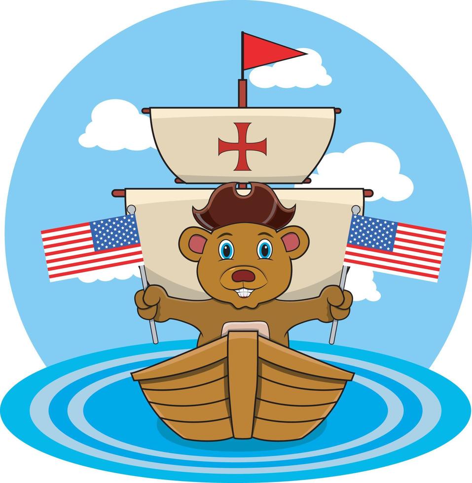 Happy Columbus Day America With Cute Bear And Ship In Sea vector