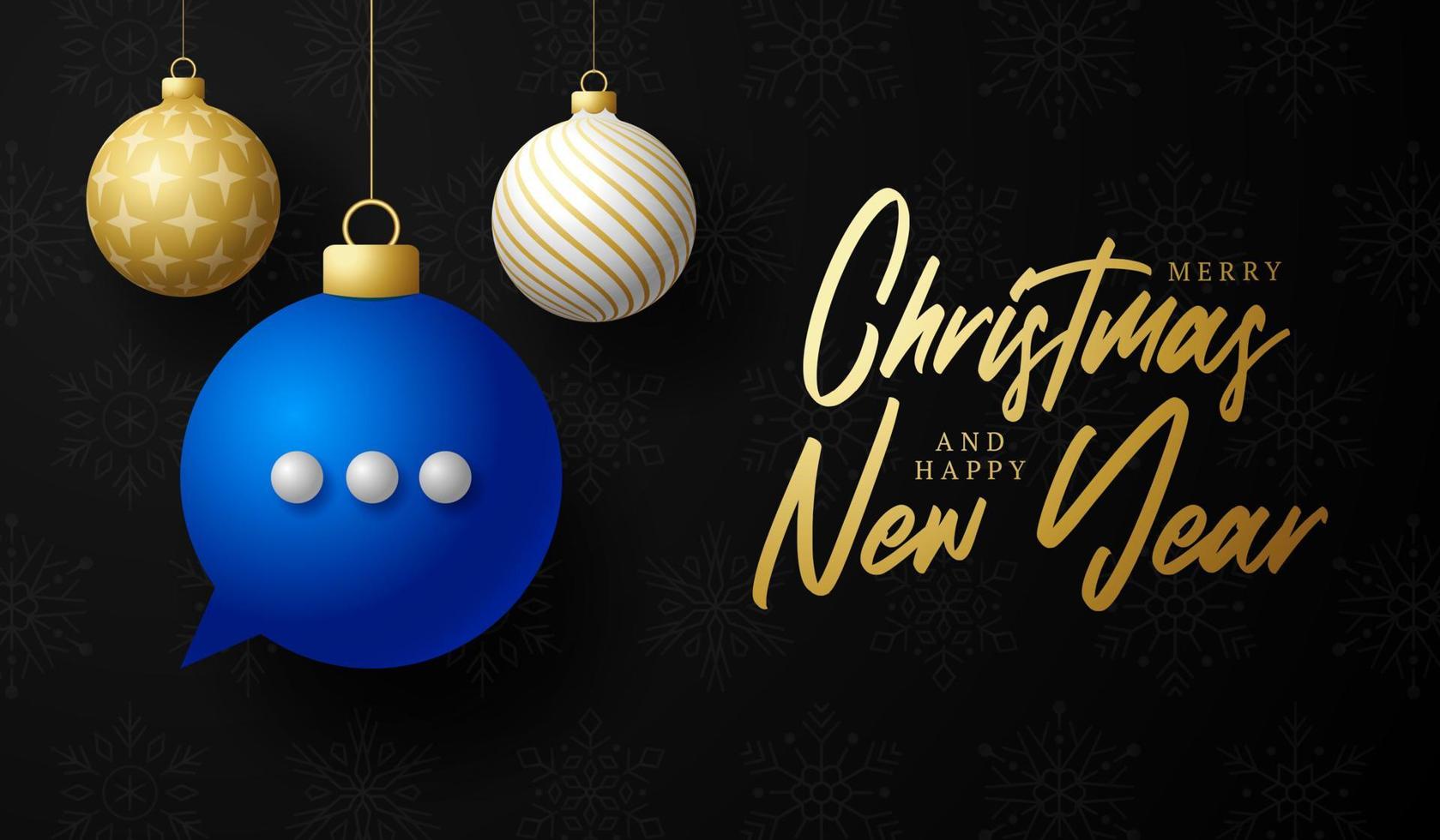 Chat Christmas card. Merry Christmas talk speak greeting card. Hang on a thread blue chat bubble as a xmas ball bauble on black background. Communication Vector illustration.