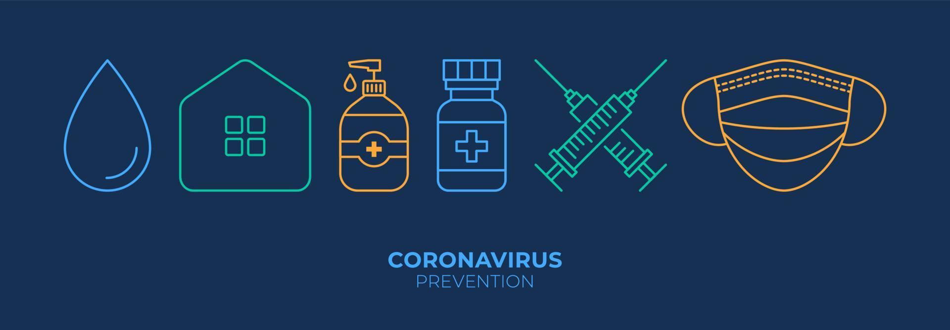 Set of Coronavirus Protection. Prevention of New epidemic 2019-nCoV icon set for infographic or website. Safety, health, remedies and prevention. Face mask, vaccine, house, bottle vector