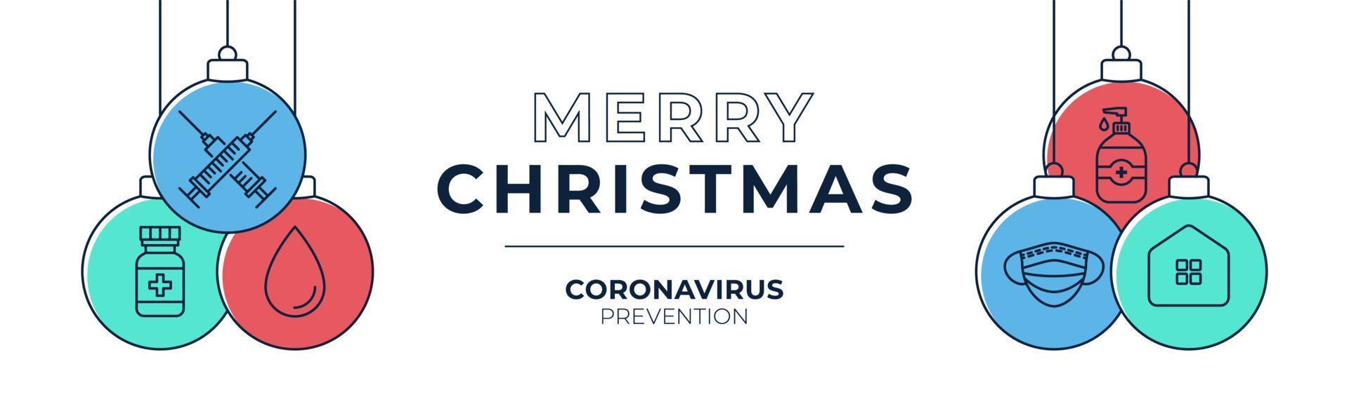 Banner de bola de prevención de vacuna de coronavirus de Navidad. prevención del concepto de navidad o año nuevo enfermedad covid-19, bola plana de dibujos animados vector