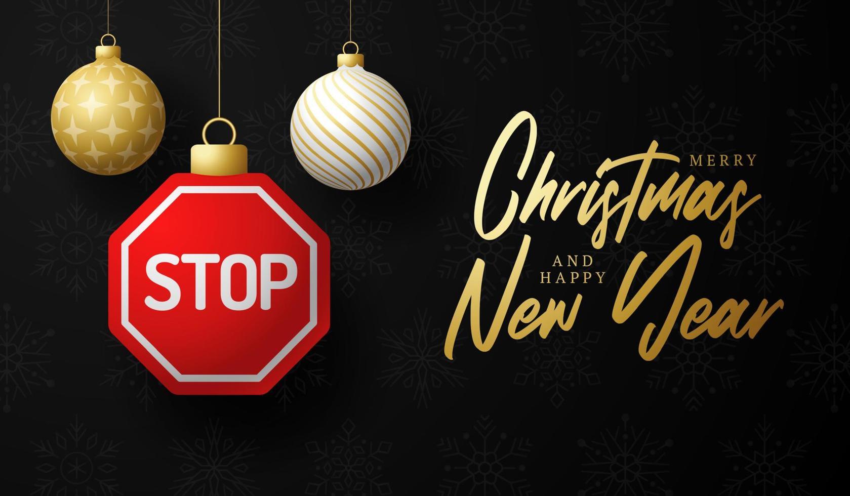 señal de stop tarjeta de navidad. Feliz Navidad tarjeta de felicitación de tráfico. colgar en una señal de stop de carretera de hilo como una bola de Navidad y adorno de oro sobre fondo negro. Ilustración de vector de deporte.