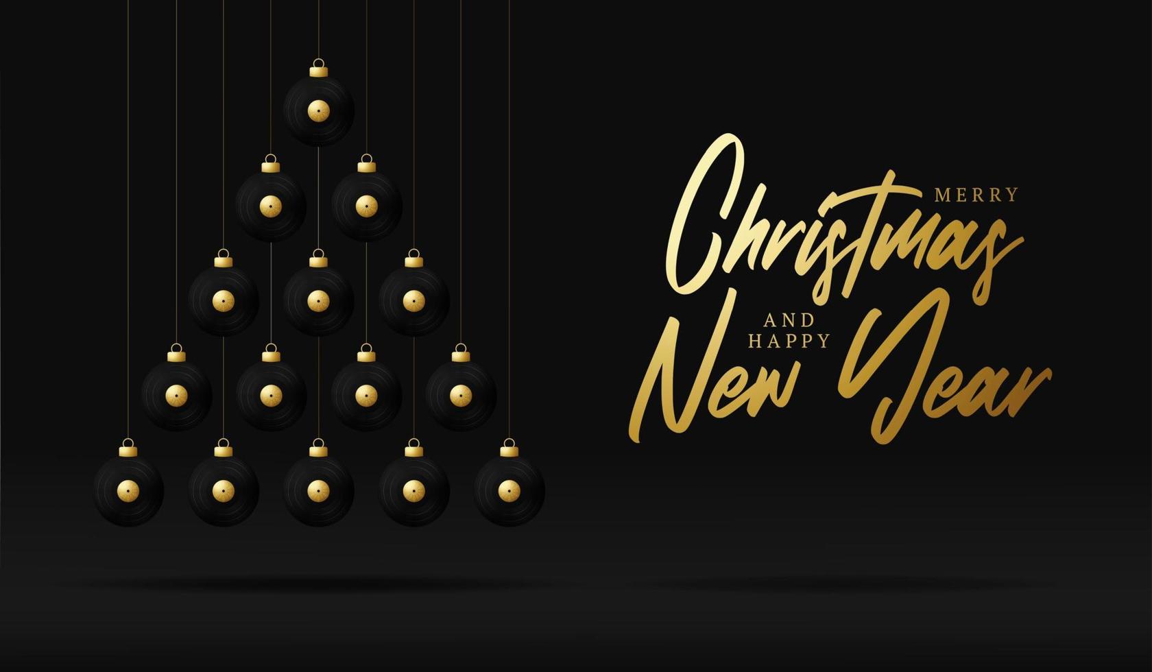 Disco de vinilo musical Tarjeta de felicitación de Navidad y año nuevo Árbol de adornos. Árbol de Navidad creativo hecho por disco de vinilo sobre fondo negro para la celebración de Navidad y año nuevo. tarjeta de felicitación de la música vector