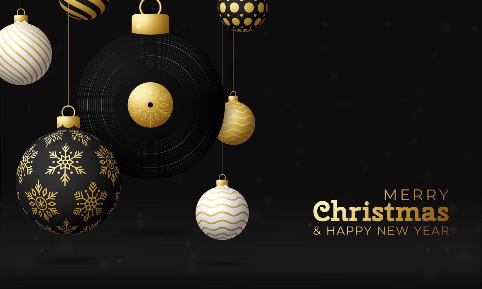 musical vinyl record Christmas card. Merry Christmas music greeting card. Hang on a thread vinyl record as a xmas ball and golden bauble on black background. musical Vector illustration.