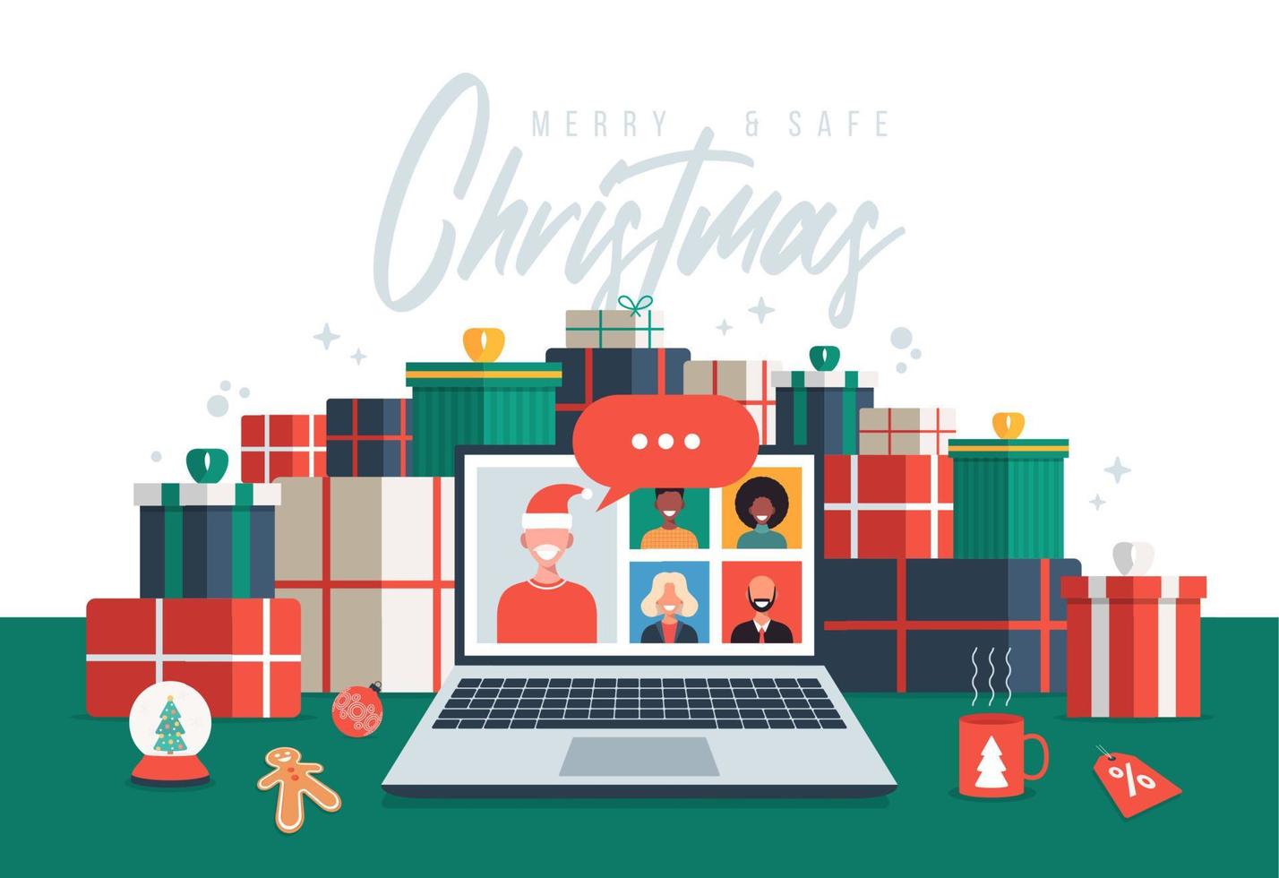 Christmas new normal. people meeting online together with family or friends video calling on computer, shopping and chatting online in internet. Merry and Safe Christmas flat vector illustration