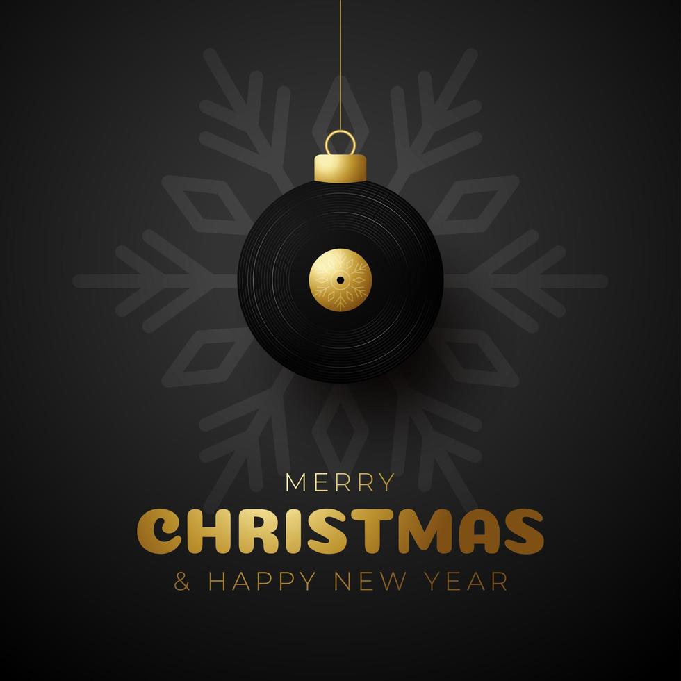 musical vinyl record Christmas card. Merry Christmas music greeting card. Hang on a thread vinyl record as a xmas ball and golden bauble on black background. musical Vector illustration.