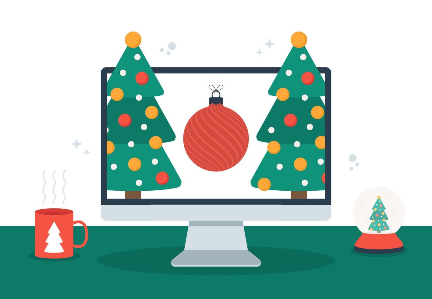 Online christmas concept. Computer with Merry Christmas and Happy New Year tree and ball on the screen and decorate with cup and magic snow ball flat vector illustration