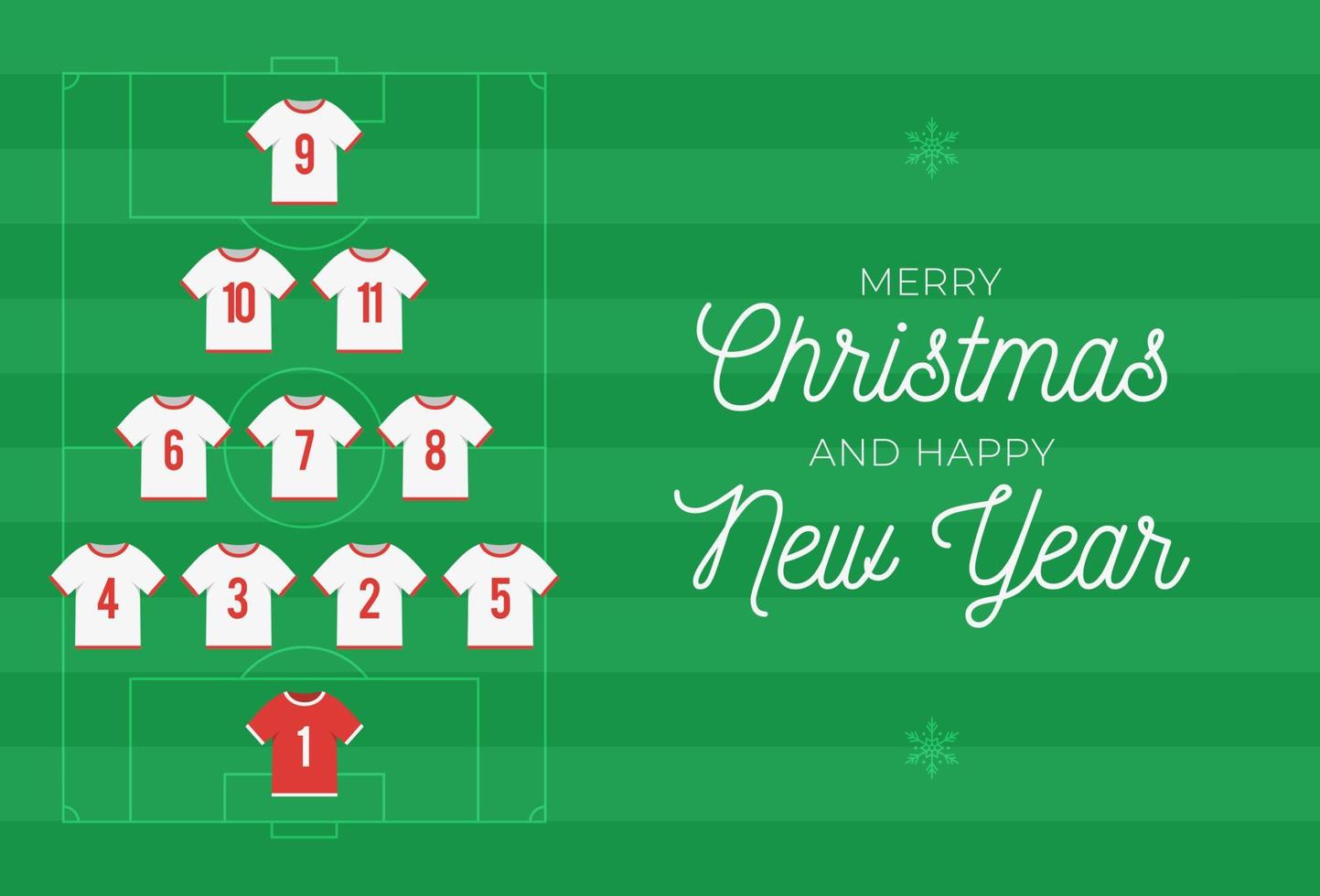 Christmas and new year greeting flat cartoon card. Creative Xmas tree made by football soccer shirt on football field background for Christmas and New Year celebration. Sport greeting card vector