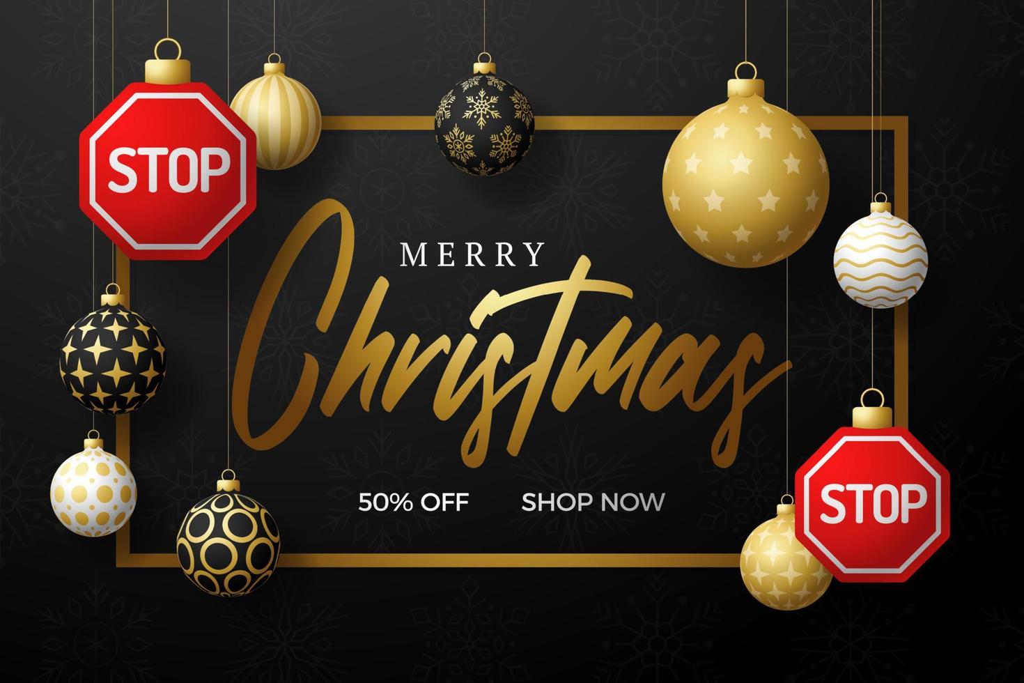 Christmas stop sign sale card. Merry Christmas road sign greeting card. Hang on a thread stop as a xmas ball and bauble on horizontal background. Sport Vector illustration.