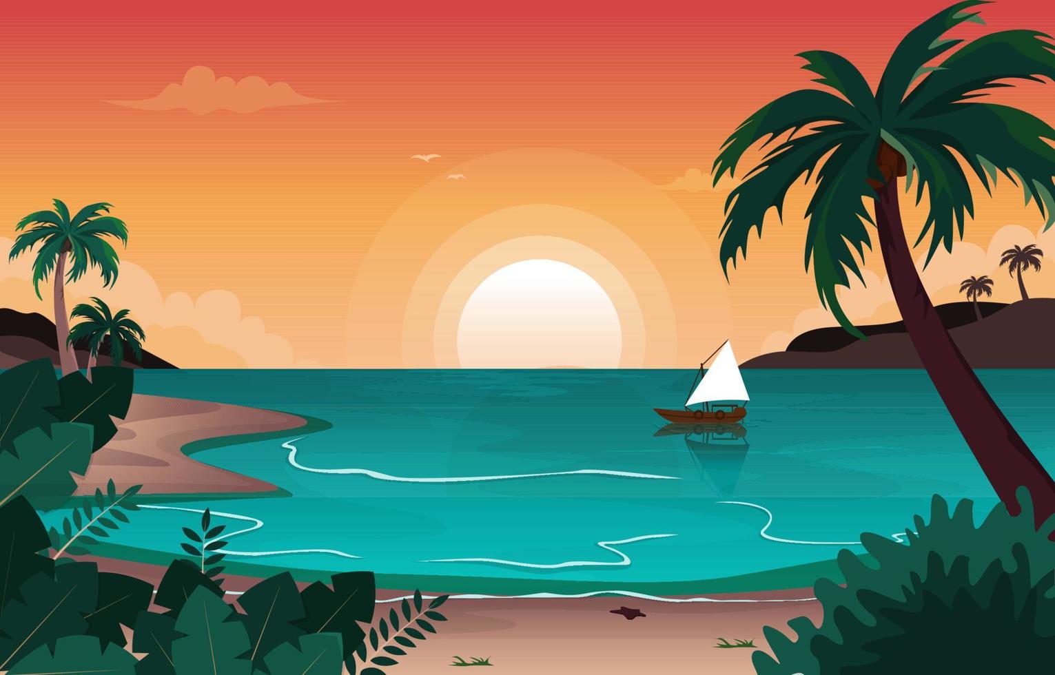 barco, playa, paisaje, vista, mar, vacaciones, vacaciones, tropical, vector, ilustración vector