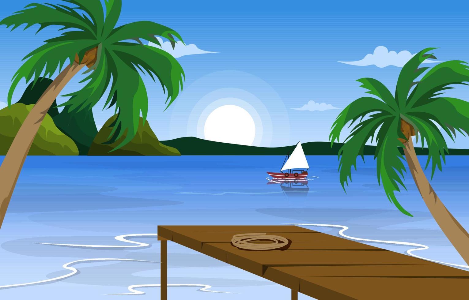 Dock Beach Landscape View Sea Vacation Holiday Tropical Vector Illustration