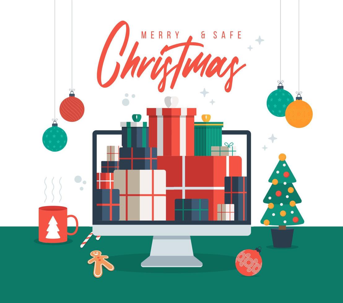 Christmas online shopping. Flat cartoon vector illustration with computer monitor screen with pile gift box, spruce, cup on the desk, winter holidays sales. Christmas due coronavirus