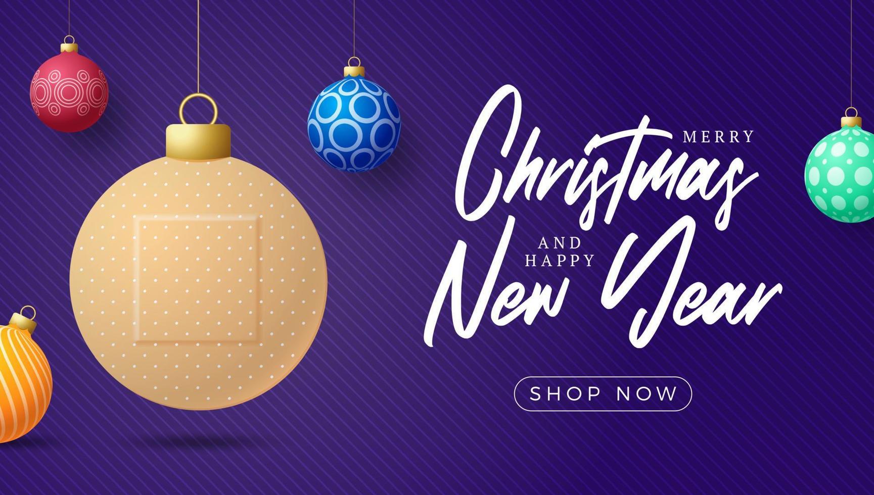 Healthy Christmas and happy new year coronavirus ball banner. Creative concept Christmas events and holidays during a pandemic with cross medical plaster Vector illustration. Covid-19 prevention