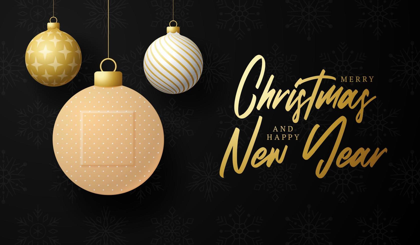 Healthy Christmas and happy new year coronavirus ball banner. Creative concept Christmas events and holidays during a pandemic with cross medical plaster Vector illustration. Covid-19 prevention