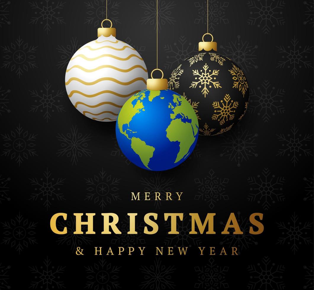 planet earth Christmas ball card. Merry Christmas world greeting card. Hang on a thread earth planet as a xmas ball bauble on black background. world Vector illustration.