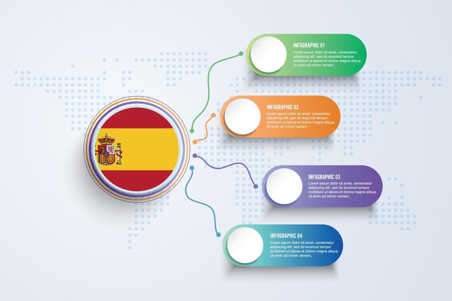 Spain Flag with Infographic Design isolated on Dot World map vector