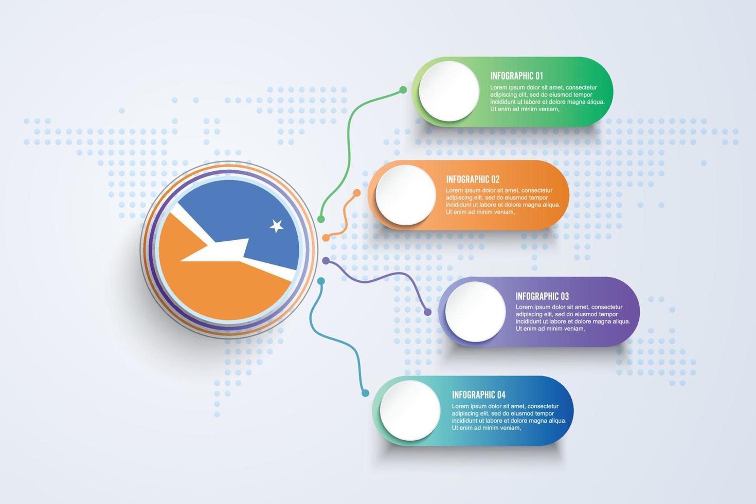 Bandera de tierra de fuego con diseño infográfico aislado en el mapa mundial de puntos vector