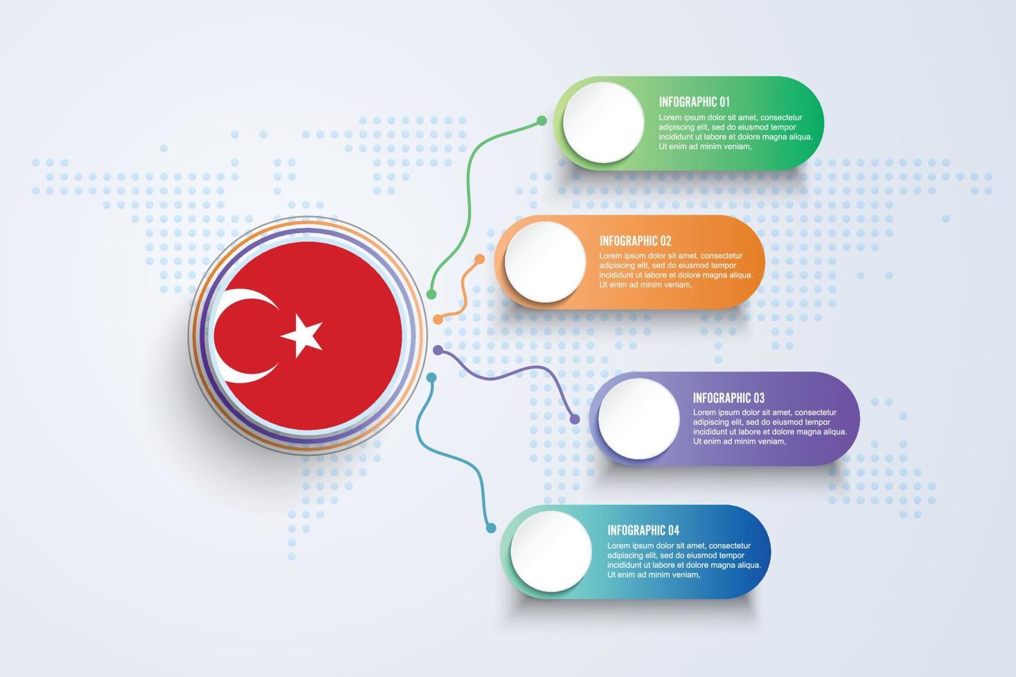 Bandera de Turquía con diseño infográfico aislado en el mapa mundial de puntos vector