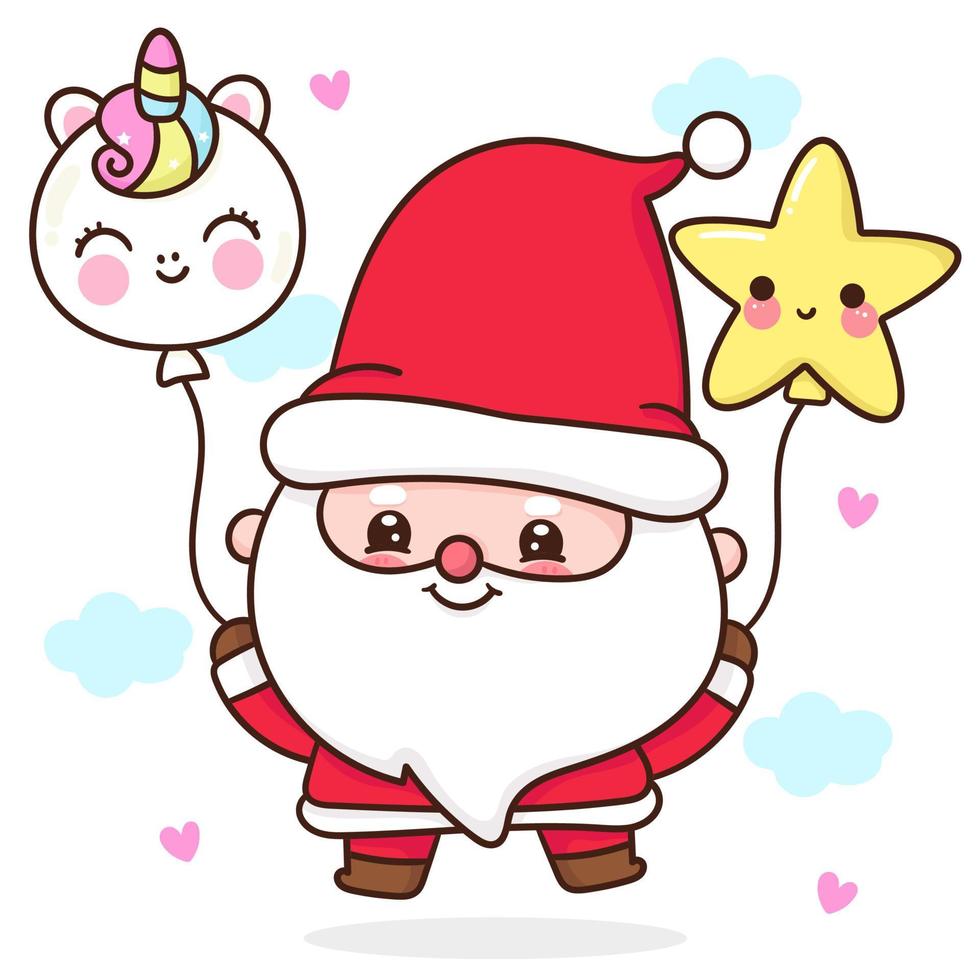Cute Gnome Santa calus cartoon with Christmas unicorn and star balloon vector