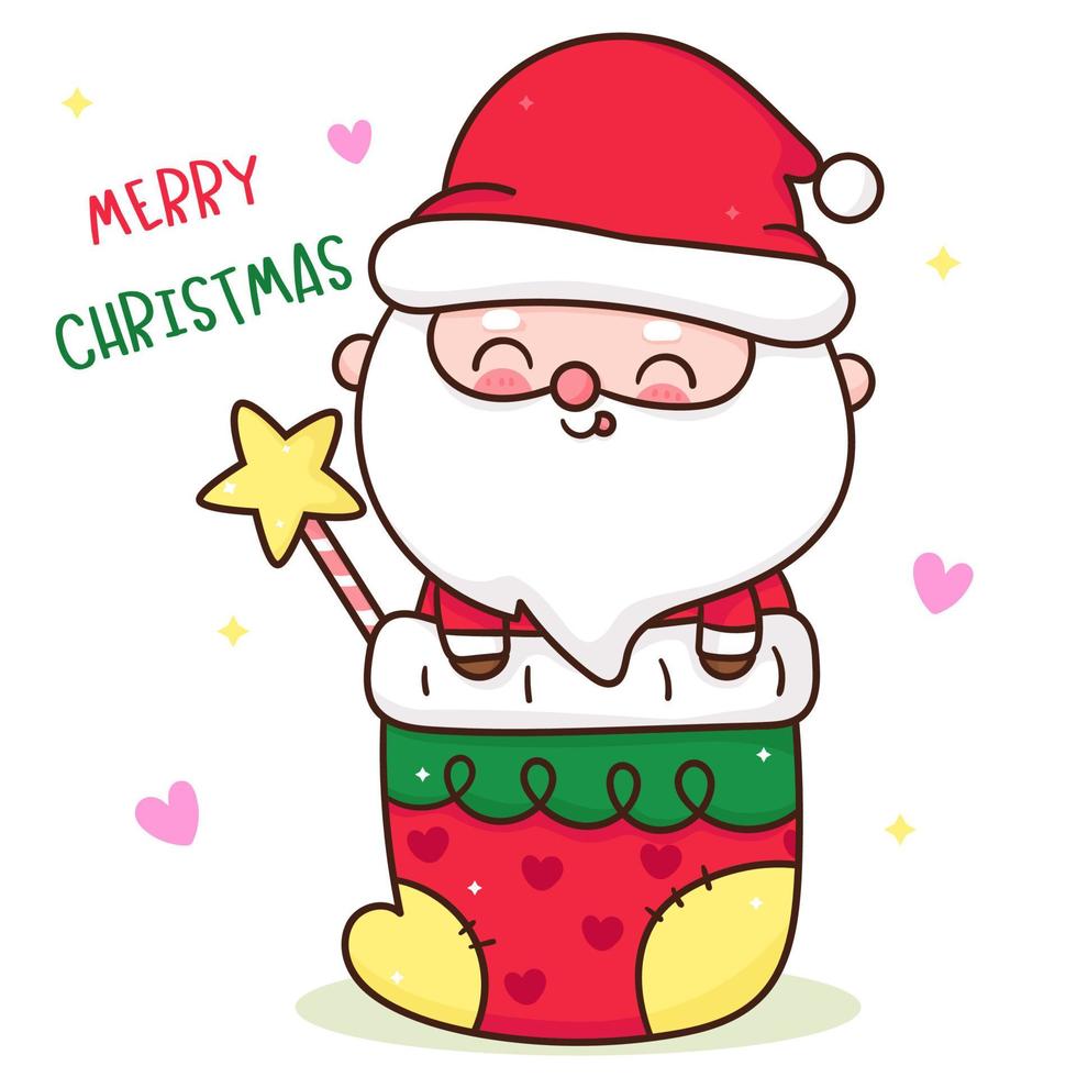 Cute Gnome Santa calus cartoon with Christmas sock with magic star vector