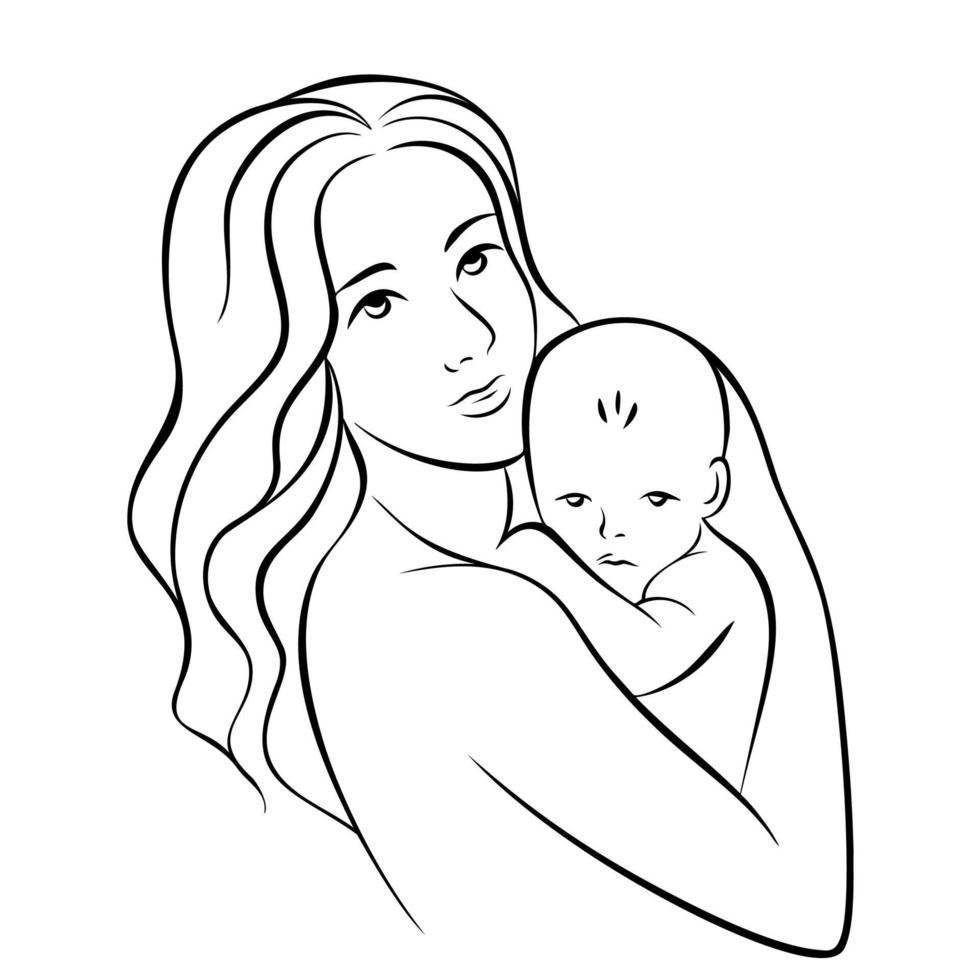 Mother holding baby, illustration of happy motherhood, childbirth. Black outline, simple lines, clip-art. vector