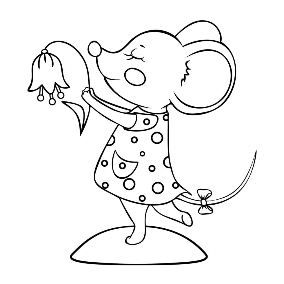 Cute mouse in a dress dancing with a flower. vector