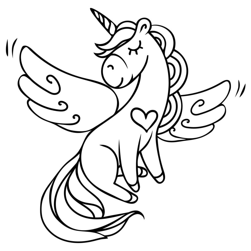 Hand-drawn flying magical unicorn with a heart. vector