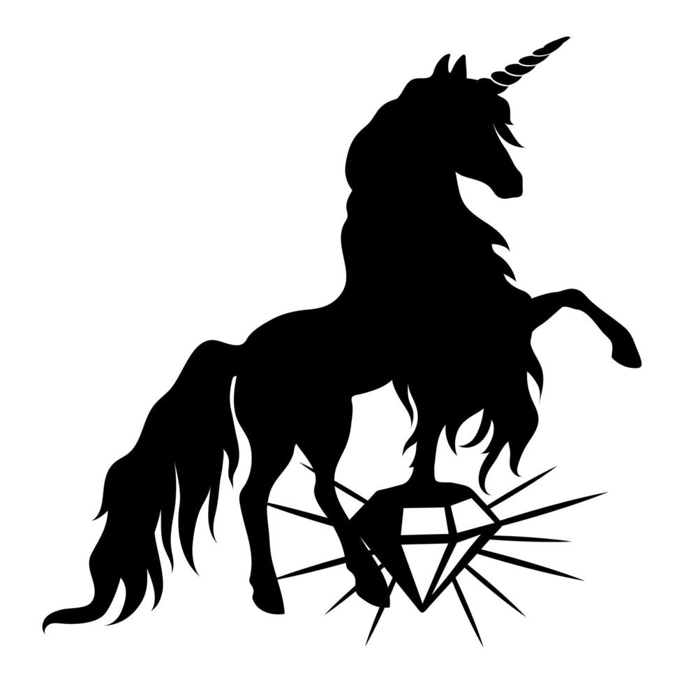 Silhouette of a unicorn with a gem. Black silhouette on a white background. Element for creating design and decor. vector