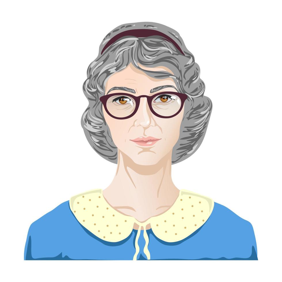 Old smiling woman in a blue dress with a retro hairstyle. vector