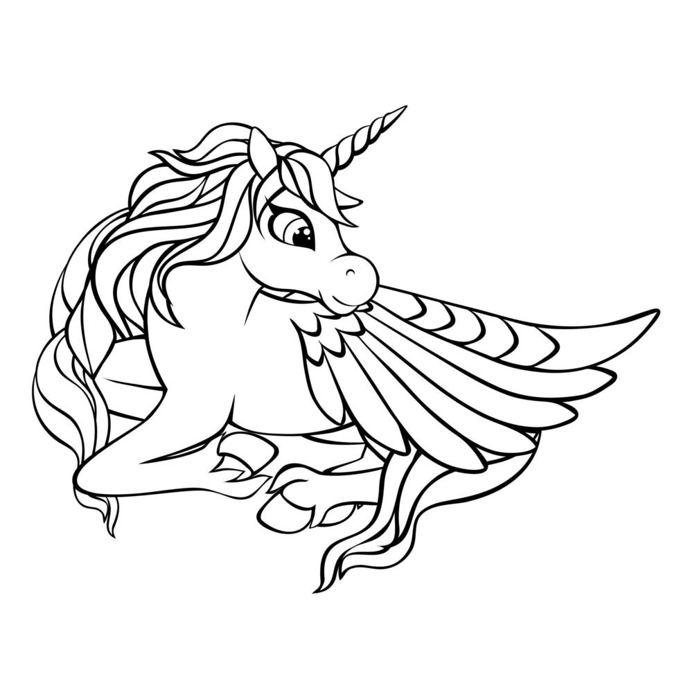 Cute magical winged unicorn. Black outline. Coloring. vector