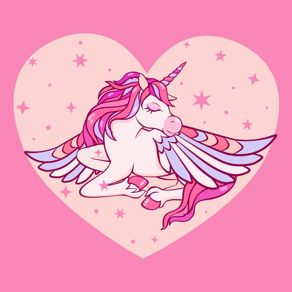 lindo unicornio mágico con alas duerme sobre un fondo de corazón rosa. vector