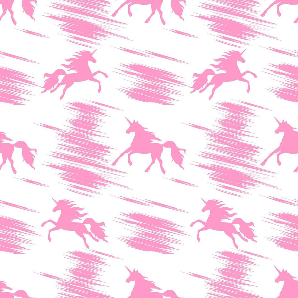Seamless pattern with pink prancing and flying unicorns on a white background. vector