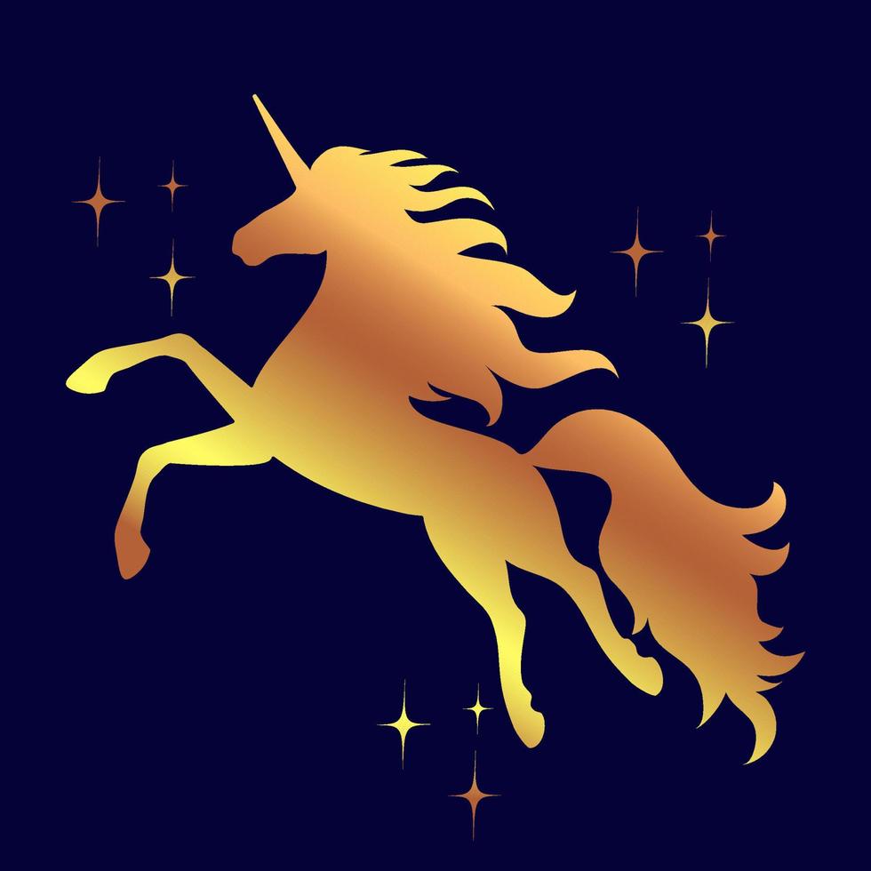 Silhouette of a flying, jumping unicorn. Gold silhouette isolated from dark background. Element for creating design and decoration. vector