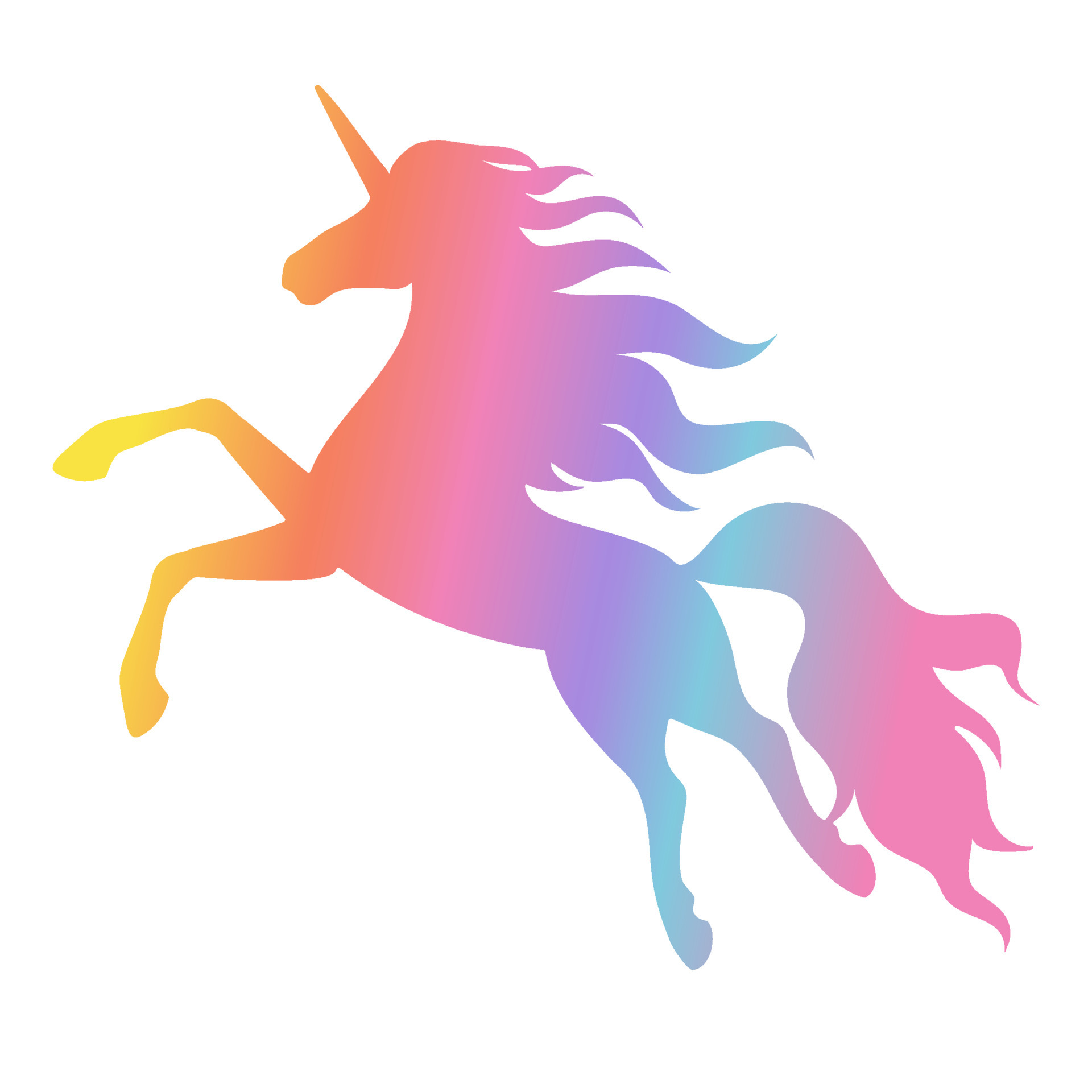 Silhouette of a flying, jumping unicorn. Rainbow silhouette isolated on