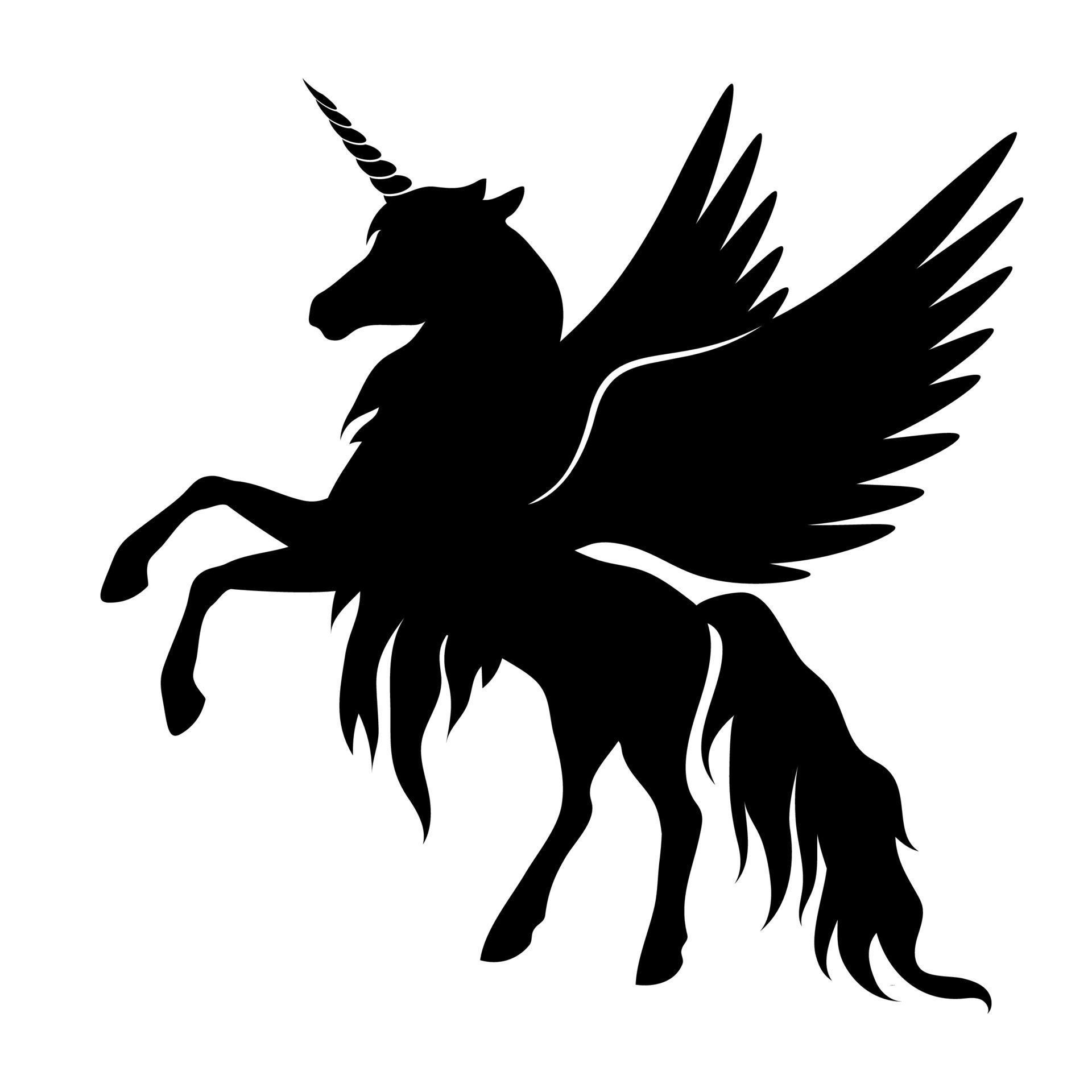 Silhouette of a unicorn with wings. Black silhouette on a white