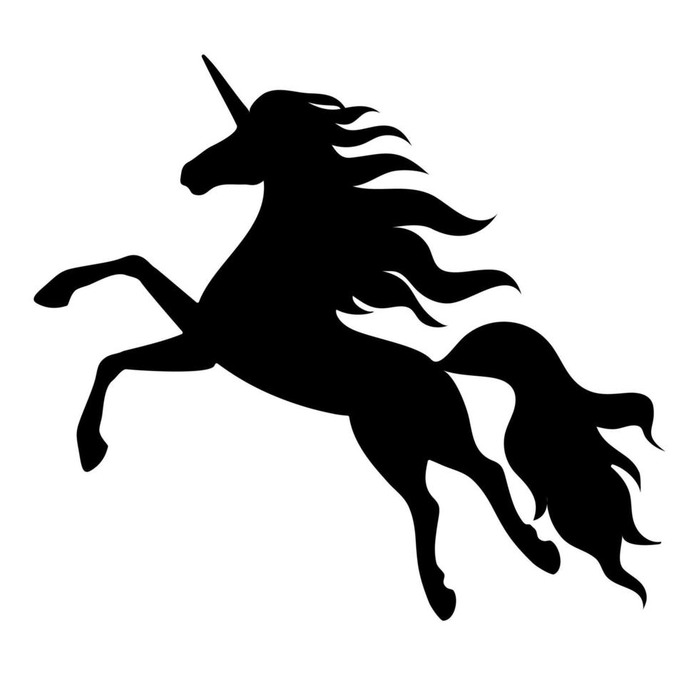Silhouette of a flying, jumping unicorn. Black silhouette isolated on white background. vector