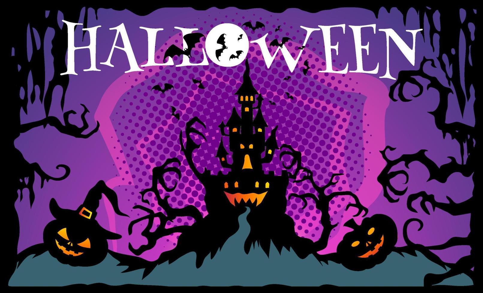 banner de feliz halloween. calabazas, murciélagos, un siniestro castillo de halloween. vector