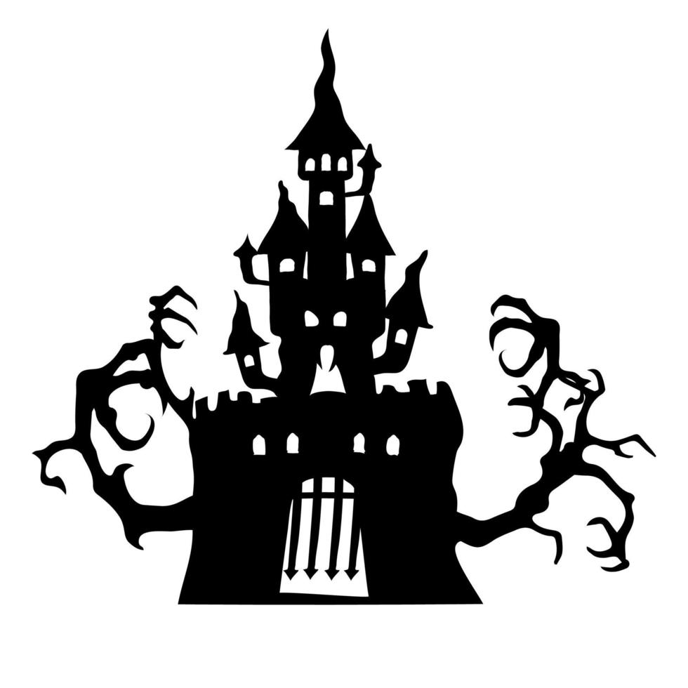 Silhouette of a sinister castle with tree branches for Halloween. vector