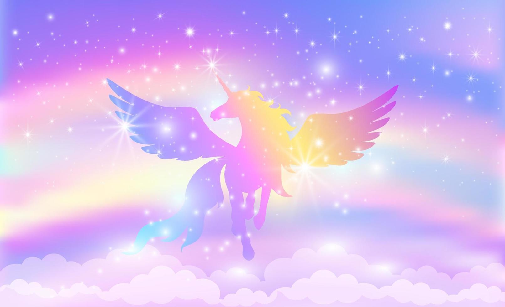 Silhouette of a unicorn with wings on a background of a rainbow sky ...