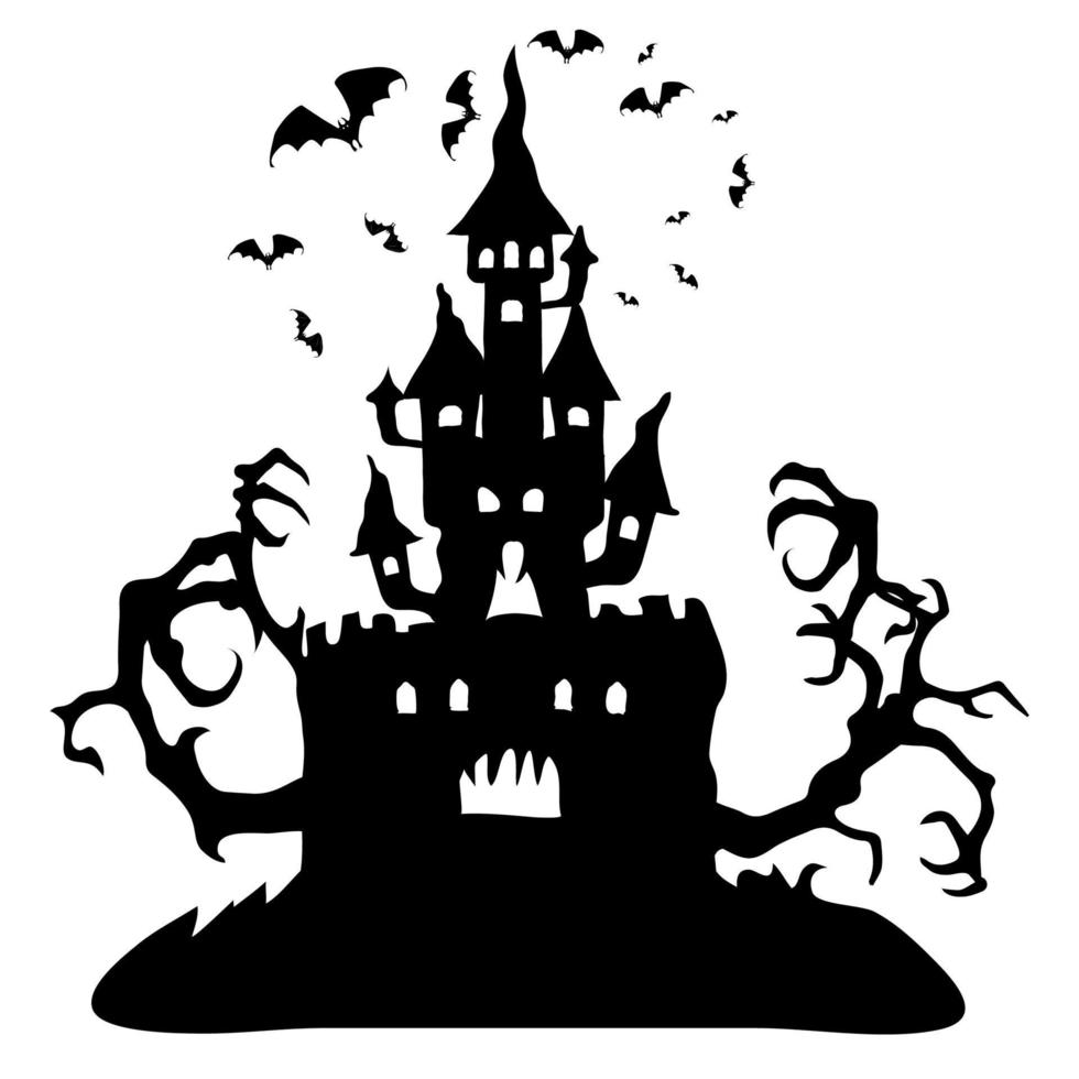 Silhouette of a sinister castle with tree branches for Halloween. vector