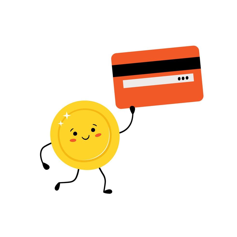 Cute gold coin with a credit card in hand. Money coin character vector