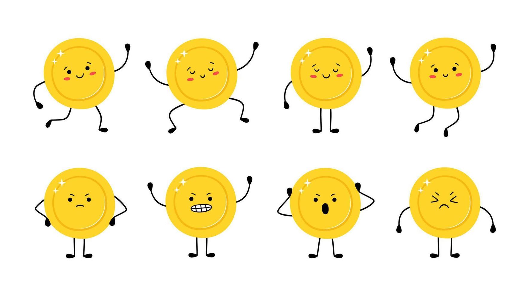 Cute gold coin in different poses. Money coin runs, jumps, is happy, sad, angry. vector