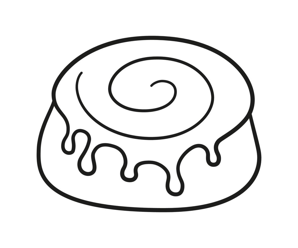 Cinnamon roll with sugar glaze. Swirl kanelbulle bun. Traditional dessert in Scandinavia and North America. Hand drawn isolated vector illustration on white background
