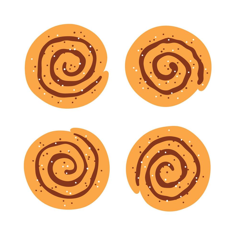 Cinnamon rolls with sugar. Set of swirl buns. Hand drawn isolated vector illustration