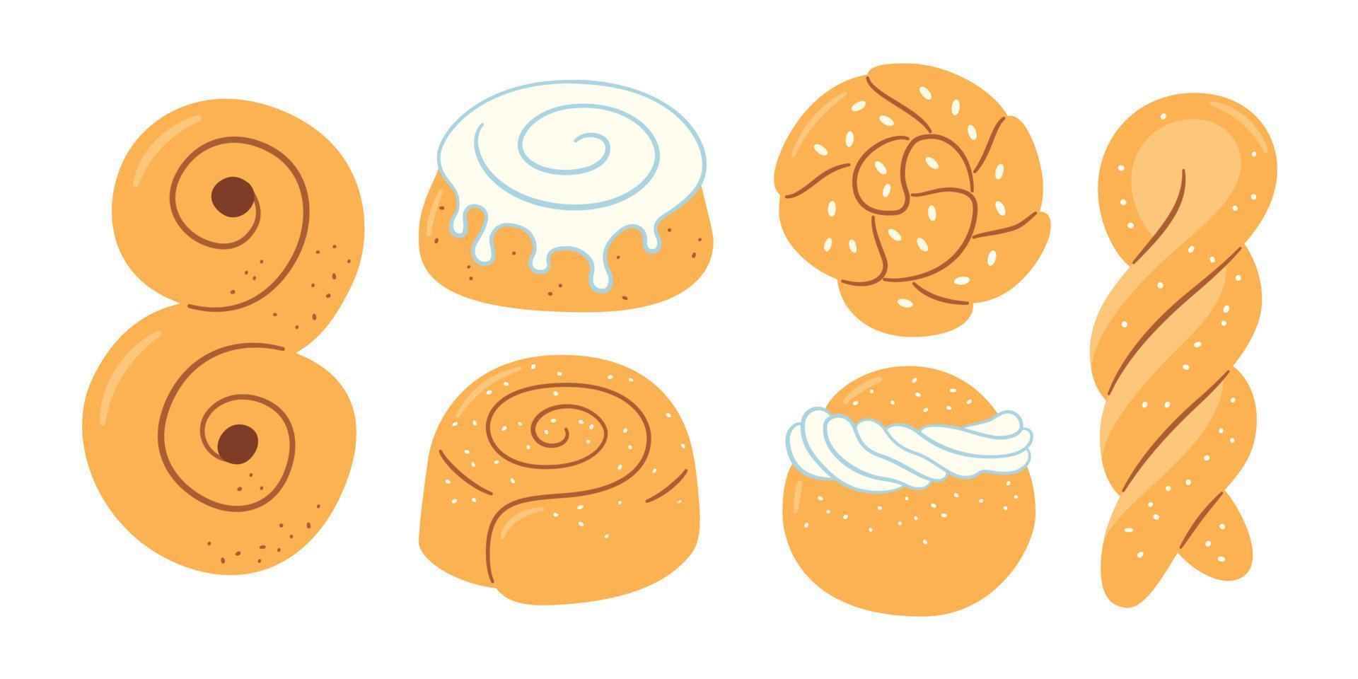 Cinnamon rolls with sugar. Set of swirl buns. Hand drawn isolated vector illustration