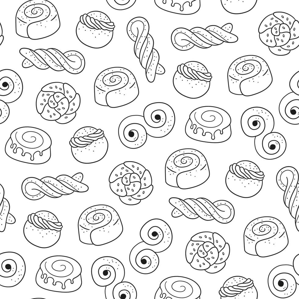 Traditional swedish sweets seamless pattern. Kanelbulle bun, cinnamon roll, Semla and lussekatt. Hand drawn isolated vector illustration