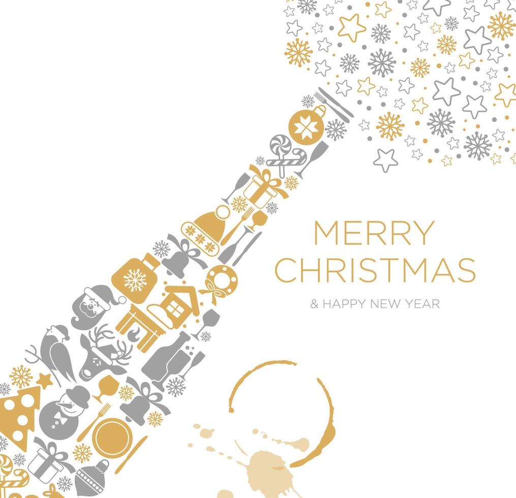 Happy New Year and Merry Christmas greeting card poster design with flat champagne bottle with christmas icon and place for your text message. vector
